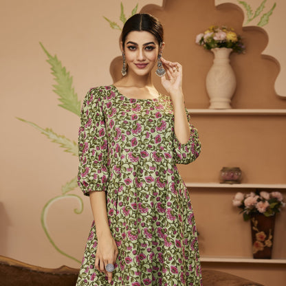 Hand Block Floral Printed Green Anarkali Cotton Kurta With Trousers | LASVINI - Redefining Indian Fashion with Elegance
