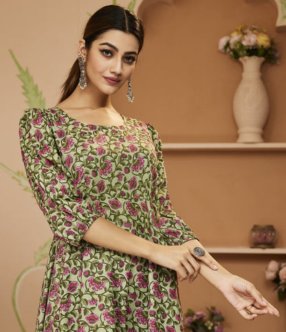Hand Block Floral Printed Green Anarkali Cotton Kurta With Trousers | LASVINI - Redefining Indian Fashion with Elegance