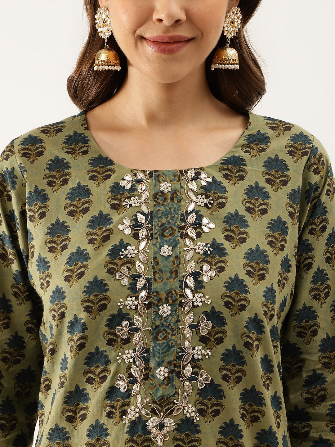 Women Green Floral Print Cotton Embroidered Kurta Set With Dupatta | LASVINI - Redefining Indian Fashion with Elegance