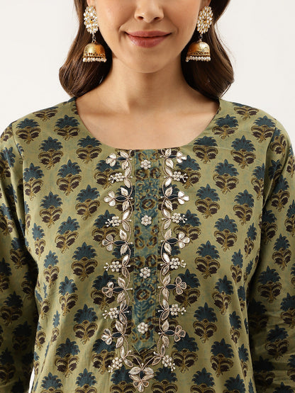 Women Green Floral Print Cotton Embroidered Kurta Set With Dupatta | LASVINI - Redefining Indian Fashion with Elegance