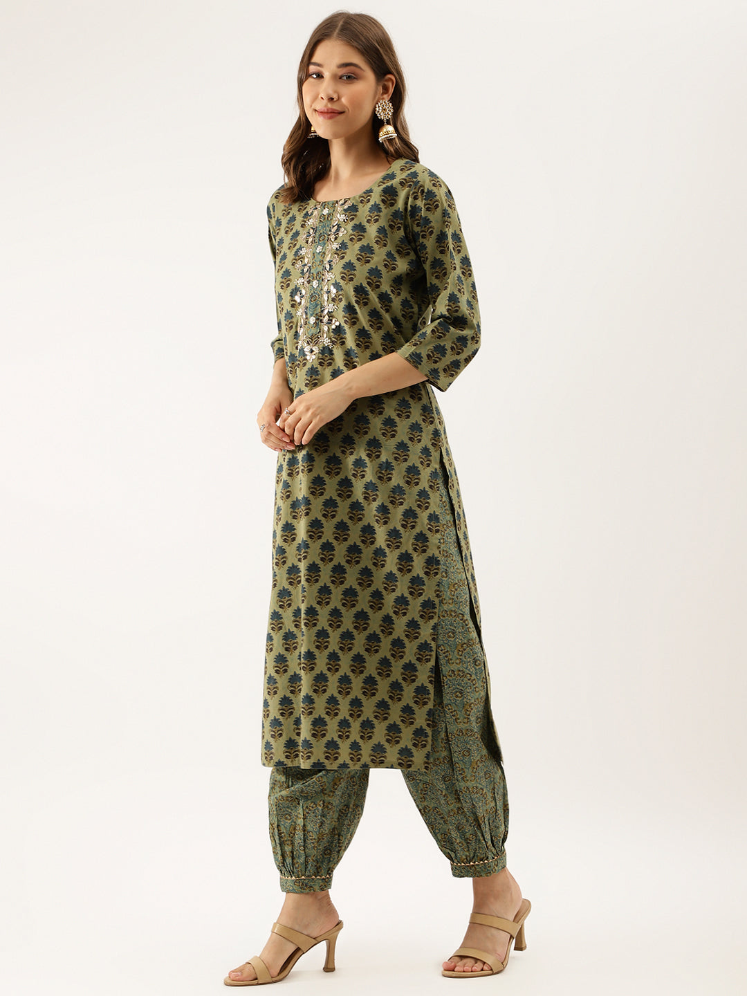 Women Green Floral Print Cotton Embroidered Kurta Set With Dupatta | LASVINI - Redefining Indian Fashion with Elegance