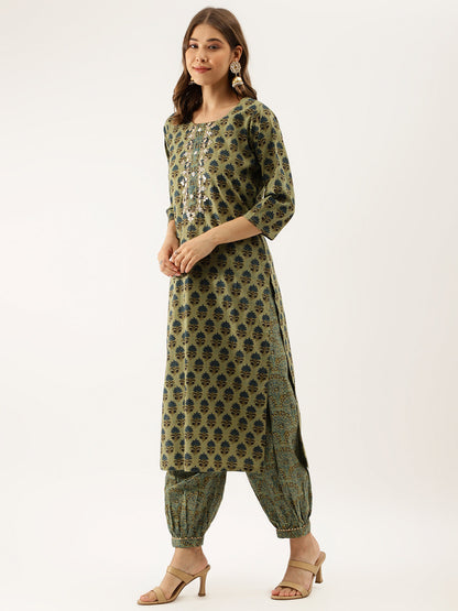 Women Green Floral Print Cotton Embroidered Kurta Set With Dupatta | LASVINI - Redefining Indian Fashion with Elegance