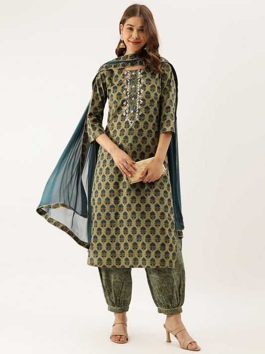 Women Green Floral Print Cotton Embroidered Kurta Set With Dupatta | LASVINI - Redefining Indian Fashion with Elegance