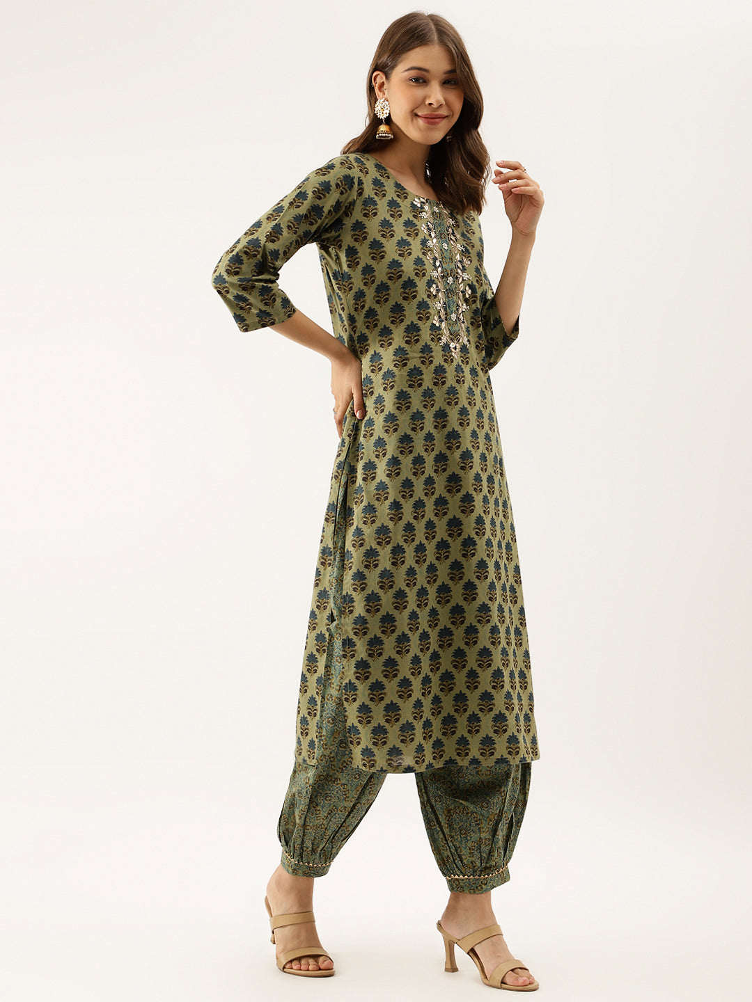 Women Green Floral Print Cotton Embroidered Kurta Set With Dupatta | LASVINI - Redefining Indian Fashion with Elegance