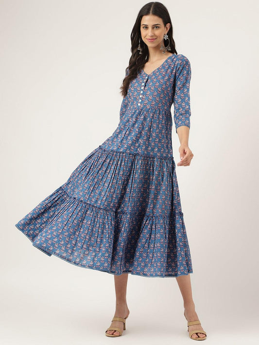 Blue Floral Printed Long Dress | LASVINI - Redefining Indian Fashion with Elegance