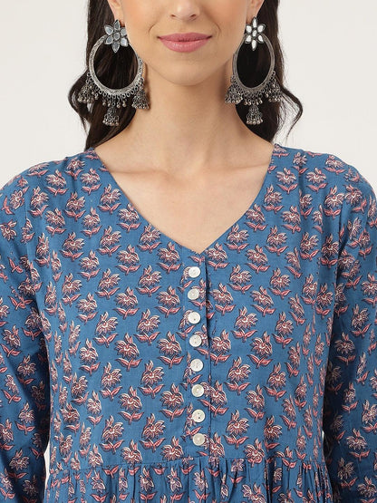 Blue Floral Printed Long Dress | LASVINI - Redefining Indian Fashion with Elegance