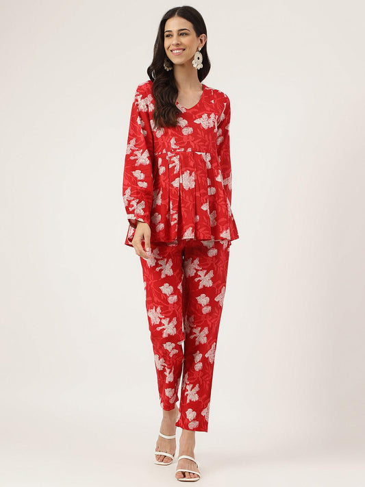Red Cotton Peplum Top Pant Co-Ords Sets | LASVINI - Redefining Indian Fashion with Elegance