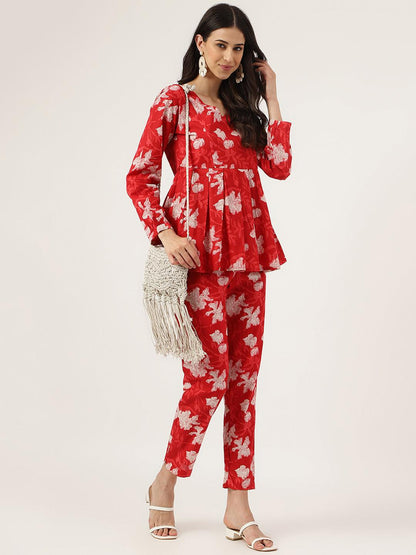 Red Cotton Peplum Top Pant Co-Ords Sets | LASVINI - Redefining Indian Fashion with Elegance