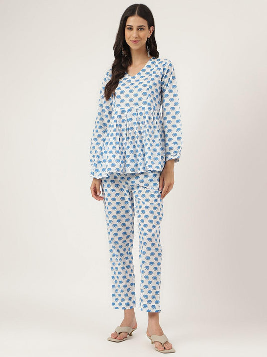 White Animal Printed Cotton Peplum Top Pant Co-Ords Sets | LASVINI - Redefining Indian Fashion with Elegance