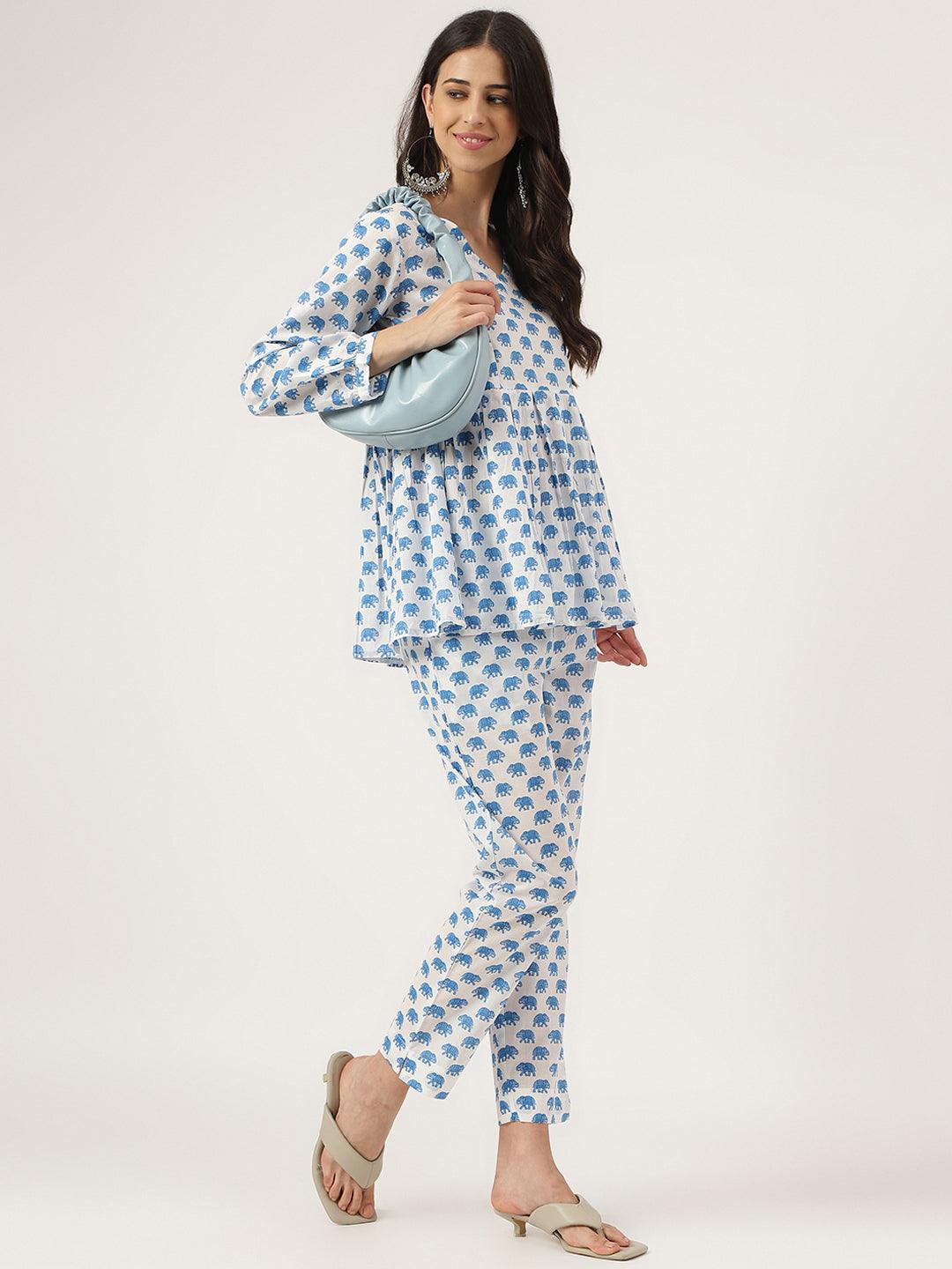 White Animal Printed Cotton Peplum Top Pant Co-Ords Sets | LASVINI - Redefining Indian Fashion with Elegance