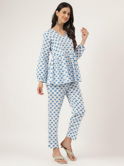 White Animal Printed Cotton Peplum Top Pant Co-Ords Sets | LASVINI - Redefining Indian Fashion with Elegance