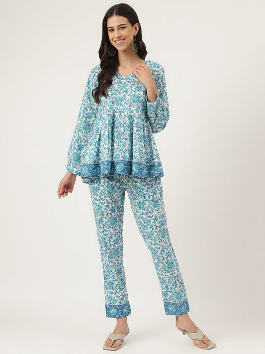 White Floral Printed Cotton Peplum Top Pant Co-Ords Sets | LASVINI - Redefining Indian Fashion with Elegance