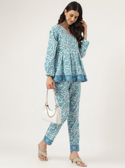 White Floral Printed Cotton Peplum Top Pant Co-Ords Sets | LASVINI - Redefining Indian Fashion with Elegance