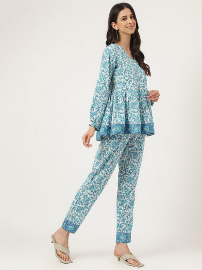 White Floral Printed Cotton Peplum Top Pant Co-Ords Sets | LASVINI - Redefining Indian Fashion with Elegance