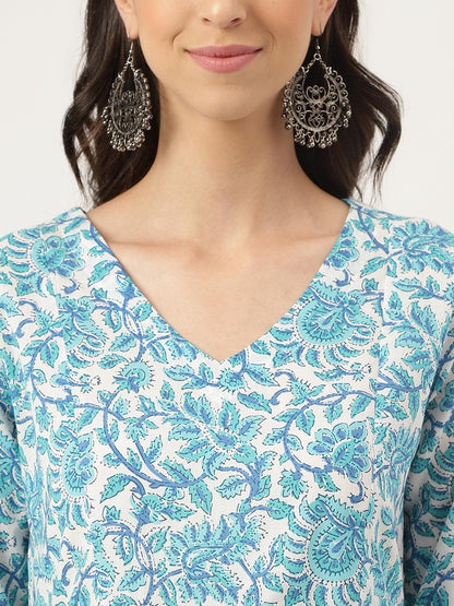 White Floral Printed Cotton Peplum Top Pant Co-Ords Sets | LASVINI - Redefining Indian Fashion with Elegance