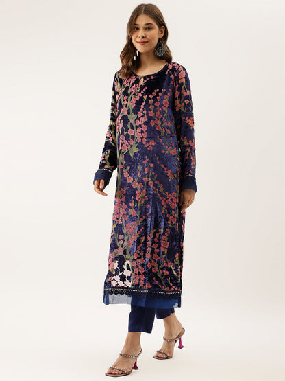 Women Blue Floral Burnout Velvet Kurta Set With Organza Dupatta | LASVINI - Redefining Indian Fashion with Elegance