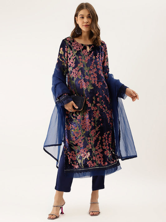 Women Blue Floral Burnout Velvet Kurta Set With Organza Dupatta | LASVINI - Redefining Indian Fashion with Elegance