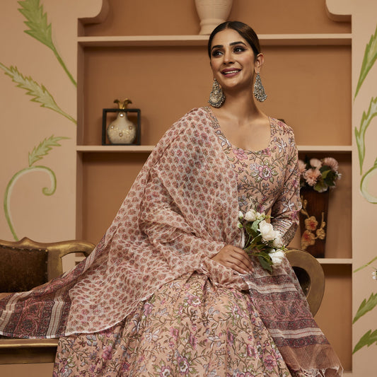 Hand Block Floral Printed Beige Anarkali Cotton Kurta With Trousers & Dupatta | LASVINI - Redefining Indian Fashion with Elegance