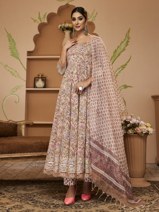 Hand Block Floral Printed Beige Anarkali Cotton Kurta With Trousers & Dupatta | LASVINI - Redefining Indian Fashion with Elegance