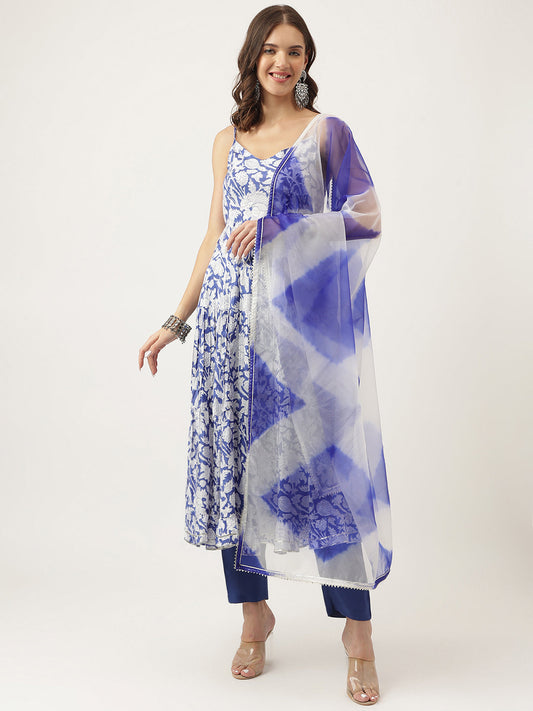 Blue Muslin Floral Printed Kurta, Trouser With Dupatta Set | LASVINI - Redefining Indian Fashion with Elegance