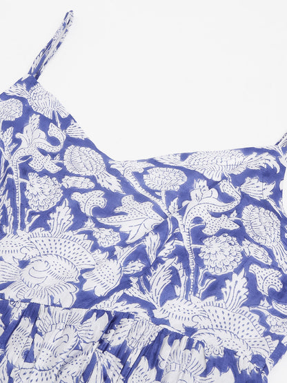 Blue Muslin Floral Printed Kurta, Trouser With Dupatta Set | LASVINI - Redefining Indian Fashion with Elegance
