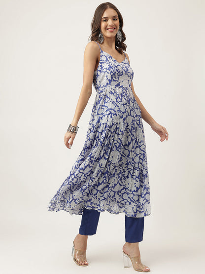 Blue Muslin Floral Printed Kurta, Trouser With Dupatta Set | LASVINI - Redefining Indian Fashion with Elegance