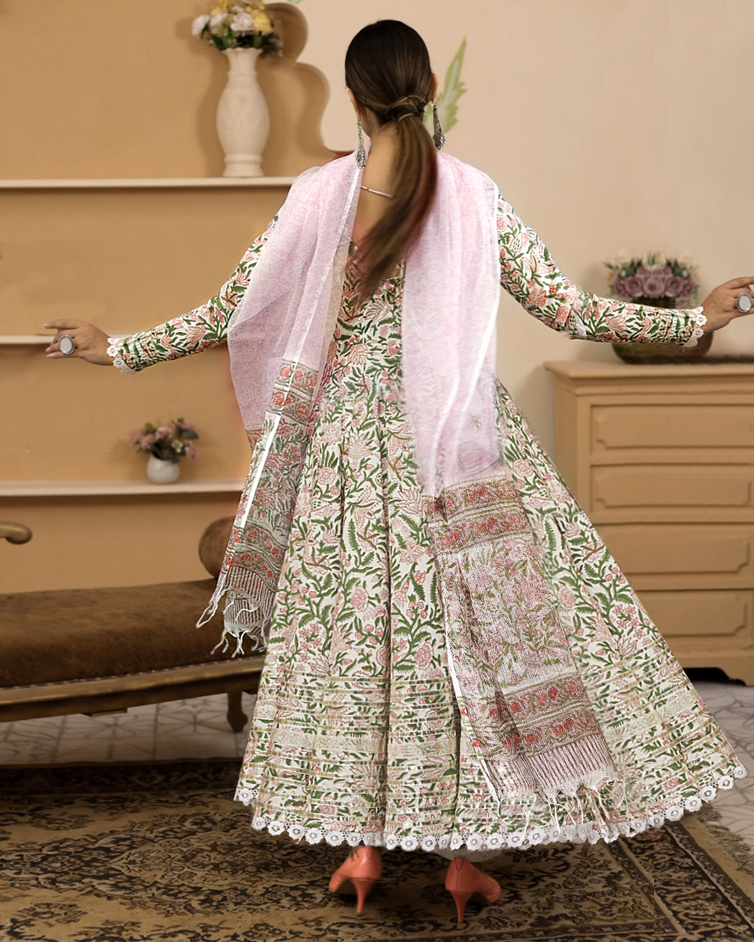 Hand Block Printed Green Anarkali Cotton Kurta With Trousers & Dupatta | LASVINI - Redefining Indian Fashion with Elegance