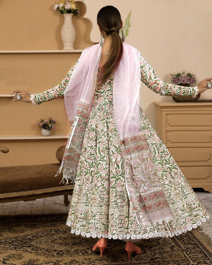Hand Block Printed Green Anarkali Cotton Kurta With Trousers & Dupatta | LASVINI - Redefining Indian Fashion with Elegance