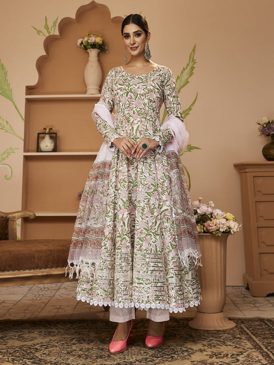 Hand Block Printed Green Anarkali Cotton Kurta With Trousers & Dupatta | LASVINI - Redefining Indian Fashion with Elegance