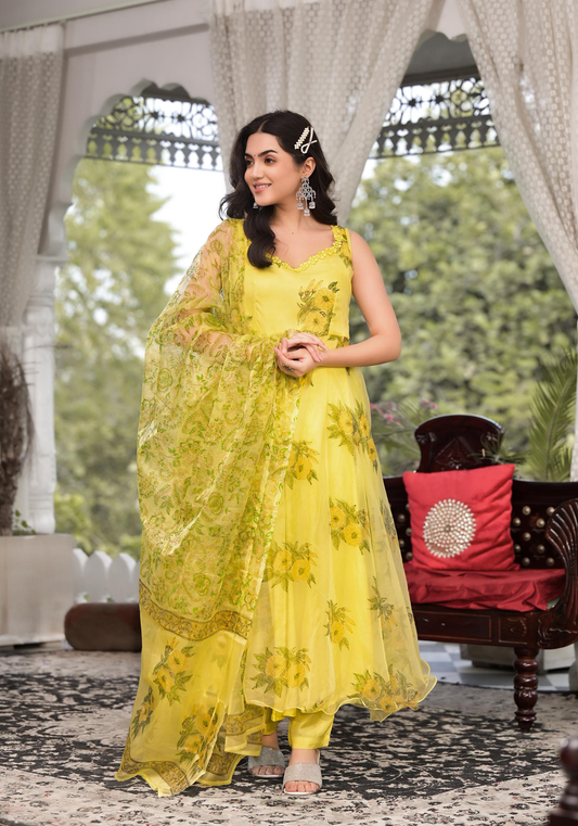 Light Yellow Hand Painted Floral Organza Anarkali Kurta Pant Set With Dupatta | LASVINI - Redefining Indian Fashion with Elegance