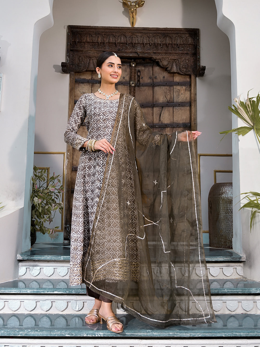 Brown Asymmetric Print Muslin Anarkali Kurta Pant With Dupatta Set | LASVINI - Redefining Indian Fashion with Elegance
