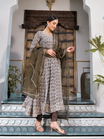 Brown Asymmetric Print Muslin Anarkali Kurta Pant With Dupatta Set | LASVINI - Redefining Indian Fashion with Elegance