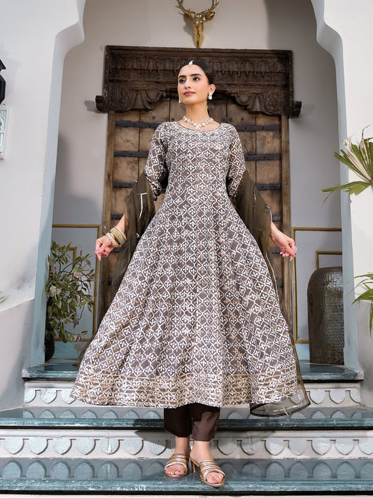 Brown Asymmetric Print Muslin Anarkali Kurta Pant With Dupatta Set | LASVINI - Redefining Indian Fashion with Elegance