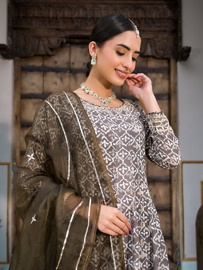 Brown Asymmetric Print Muslin Anarkali Kurta Pant With Dupatta Set | LASVINI - Redefining Indian Fashion with Elegance