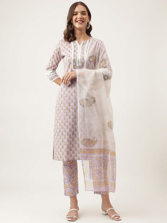 Lavender Printed Cotton Kurta, Trouser With Dupatta Set | LASVINI - Redefining Indian Fashion with Elegance