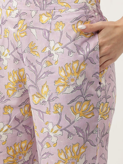 Lavender Printed Cotton Kurta, Trouser With Dupatta Set | LASVINI - Redefining Indian Fashion with Elegance