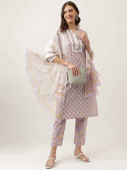 Lavender Printed Cotton Kurta, Trouser With Dupatta Set | LASVINI - Redefining Indian Fashion with Elegance