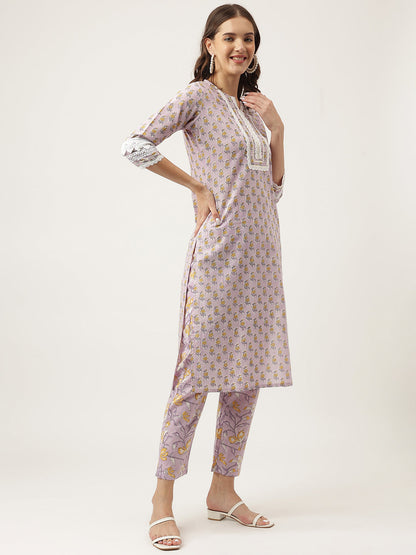 Lavender Printed Cotton Kurta, Trouser With Dupatta Set | LASVINI - Redefining Indian Fashion with Elegance