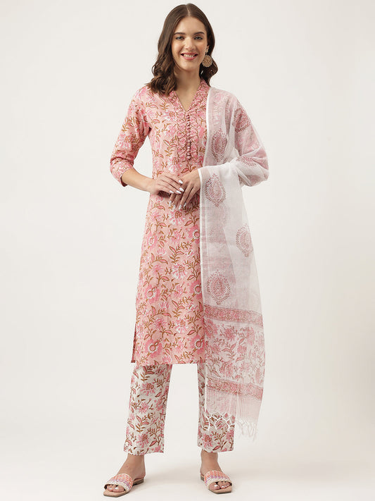 Pink Floral Printed Cotton Kurta, Trouser With Dupatta Set | LASVINI - Redefining Indian Fashion with Elegance