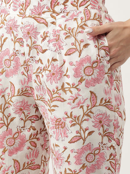 Pink Floral Printed Cotton Kurta, Trouser With Dupatta Set | LASVINI - Redefining Indian Fashion with Elegance