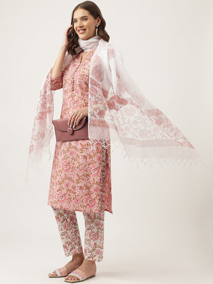 Pink Floral Printed Cotton Kurta, Trouser With Dupatta Set | LASVINI - Redefining Indian Fashion with Elegance