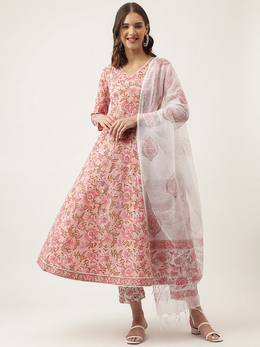 Pink Floral Printed Cotton Anarkali Kurta, Trouser With Dupatta Set | LASVINI - Redefining Indian Fashion with Elegance