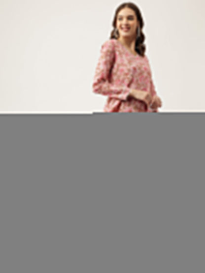 Pink Floral Printed Cotton Anarkali Kurta, Trouser With Dupatta Set | LASVINI - Redefining Indian Fashion with Elegance
