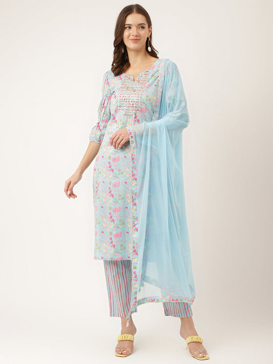 Blue Floral Print Cotton Kurta, Trouser With Dupatta | LASVINI - Redefining Indian Fashion with Elegance