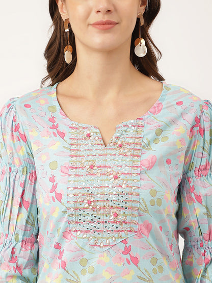 Blue Floral Print Cotton Kurta, Trouser With Dupatta | LASVINI - Redefining Indian Fashion with Elegance