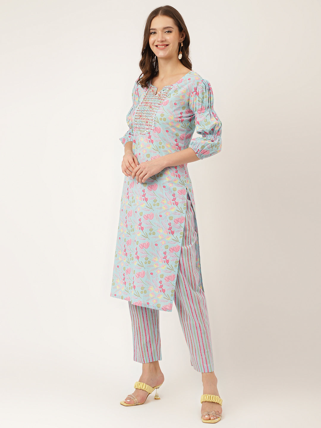 Blue Floral Print Cotton Kurta, Trouser With Dupatta | LASVINI - Redefining Indian Fashion with Elegance