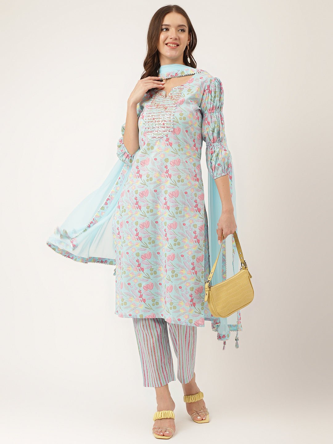 Blue Floral Print Cotton Kurta, Trouser With Dupatta | LASVINI - Redefining Indian Fashion with Elegance