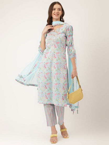 Blue Floral Print Cotton Kurta, Trouser With Dupatta | LASVINI - Redefining Indian Fashion with Elegance
