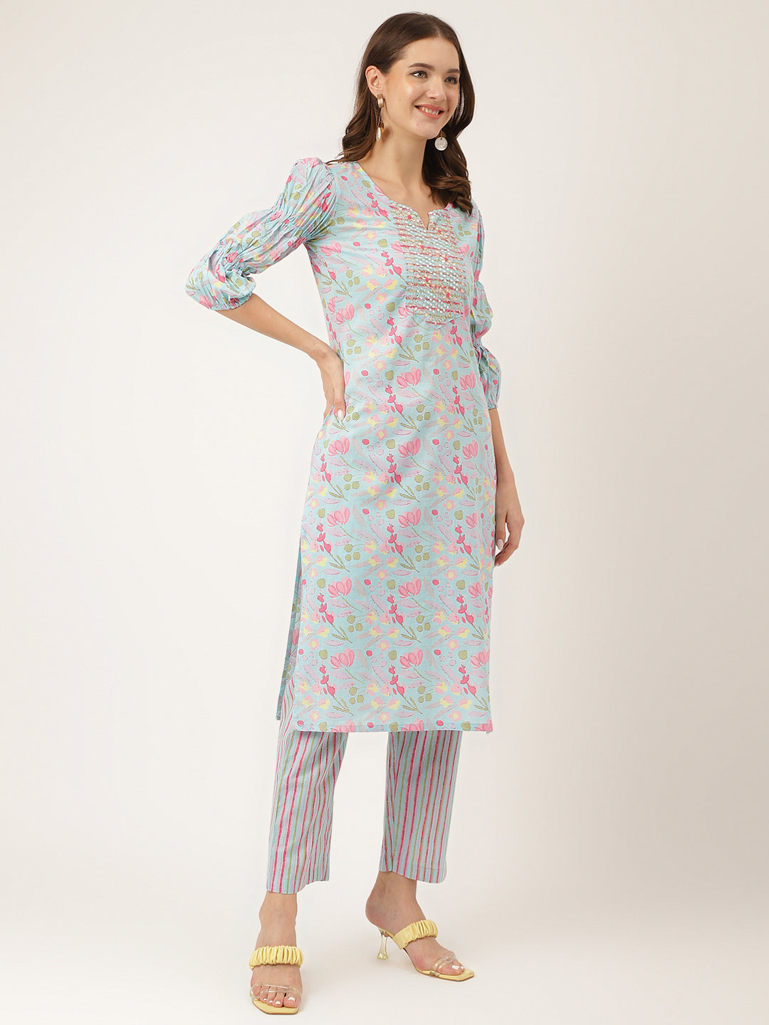 Blue Floral Print Cotton Kurta, Trouser With Dupatta | LASVINI - Redefining Indian Fashion with Elegance