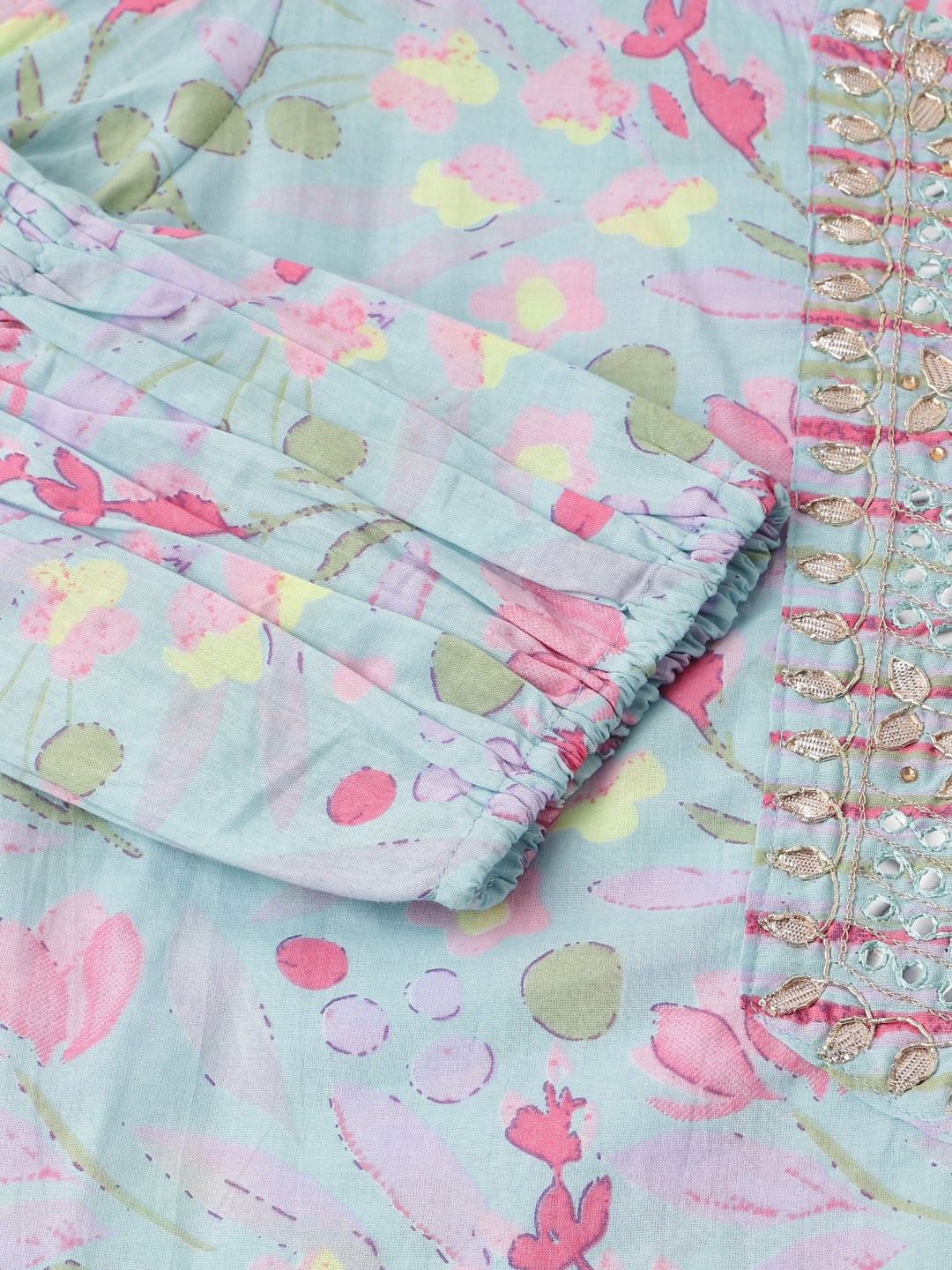 Blue Floral Print Cotton Kurta, Trouser With Dupatta | LASVINI - Redefining Indian Fashion with Elegance